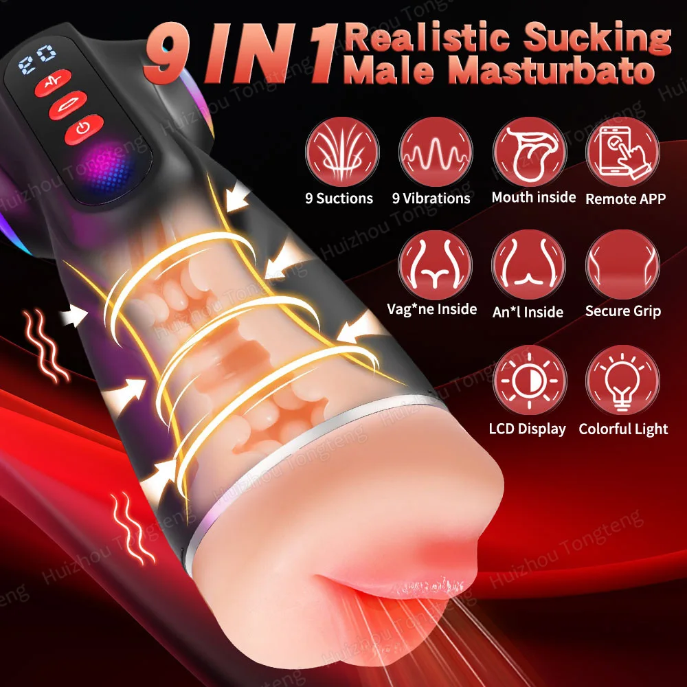 ماستر ذكر أوتوماتيكي مع التحكم في التطبيق 9 أوضاع مص تهتز للرجال ألعاب جنسية مضخة القضيب الكبار اللسان الضارب