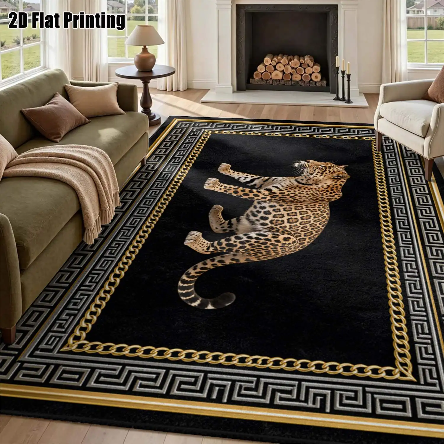 1Pc 2D Printed Leopard Pattern Carpet: Black Base, European/Minimalist/Instagram/Vintage Style, Multi-Size, Machine Washable, for Entrance, Living Room, Bedroom, Dining Room & Foyer, Home Decor