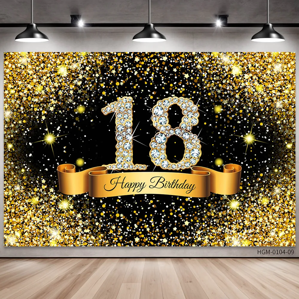 Happy 18th Birthday Party Banner Background Gold Black Party Decoration Extra Large Fabric Sign Poster For Photography Backdrop