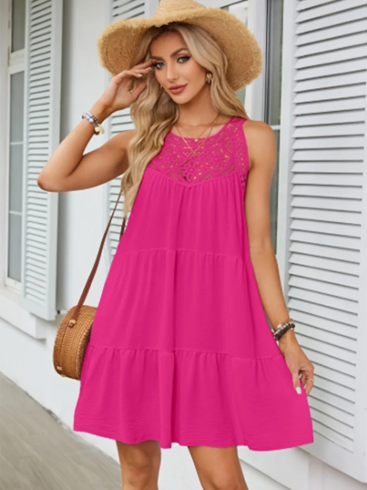 

Solid Color Lace Hollow Short Sleeved Round Neck Casual Women's Dress Fashionable Street Fresh Sweet Style Summer Dress