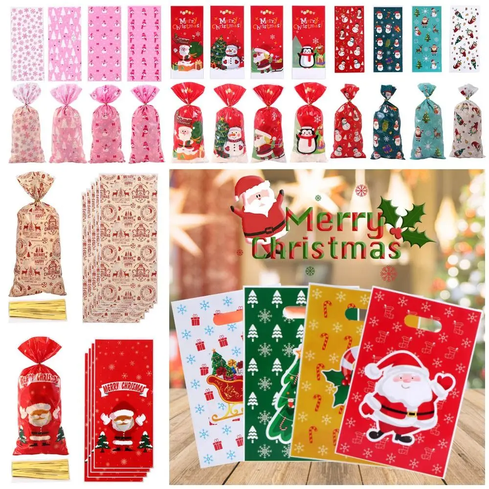 50/100pcs OPP Christmas Candy Bags 12.5*27.5cm With Rope Christmas Gift Bag Christmas Element Santa Claus Snowman