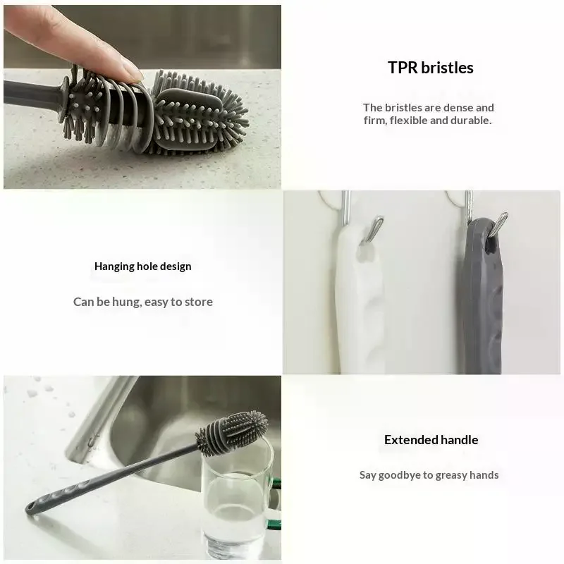 Long Handle Silicone Milk And Glass Bottle Cleaning Brush Multifunction Cup Mouth Scrubber Household Cleaning Tool