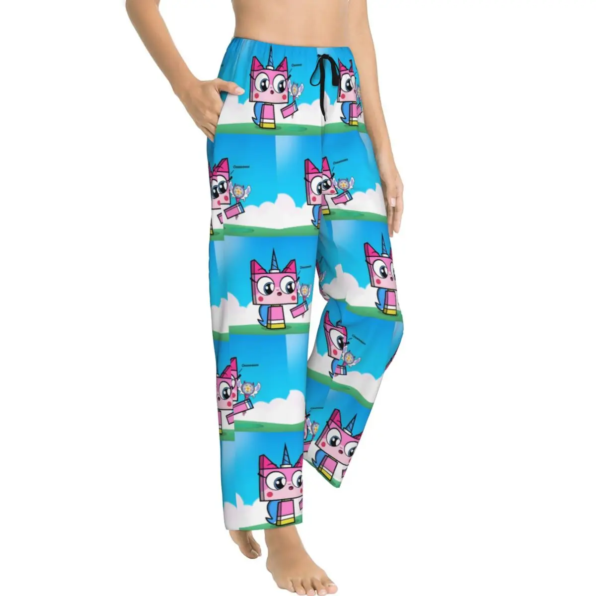 Pantalones de pijama Unikitty personalizados, ropa de dormir bonita de dibujos animados para mujer, pantalones para dormir elásticos con bolsillos