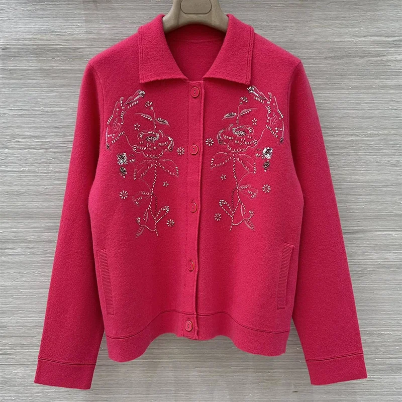 

Высококачественный женский свитер, прочный шерстяной вязаный кардиган с блестками и цветочным узором, с лацканами 2593057