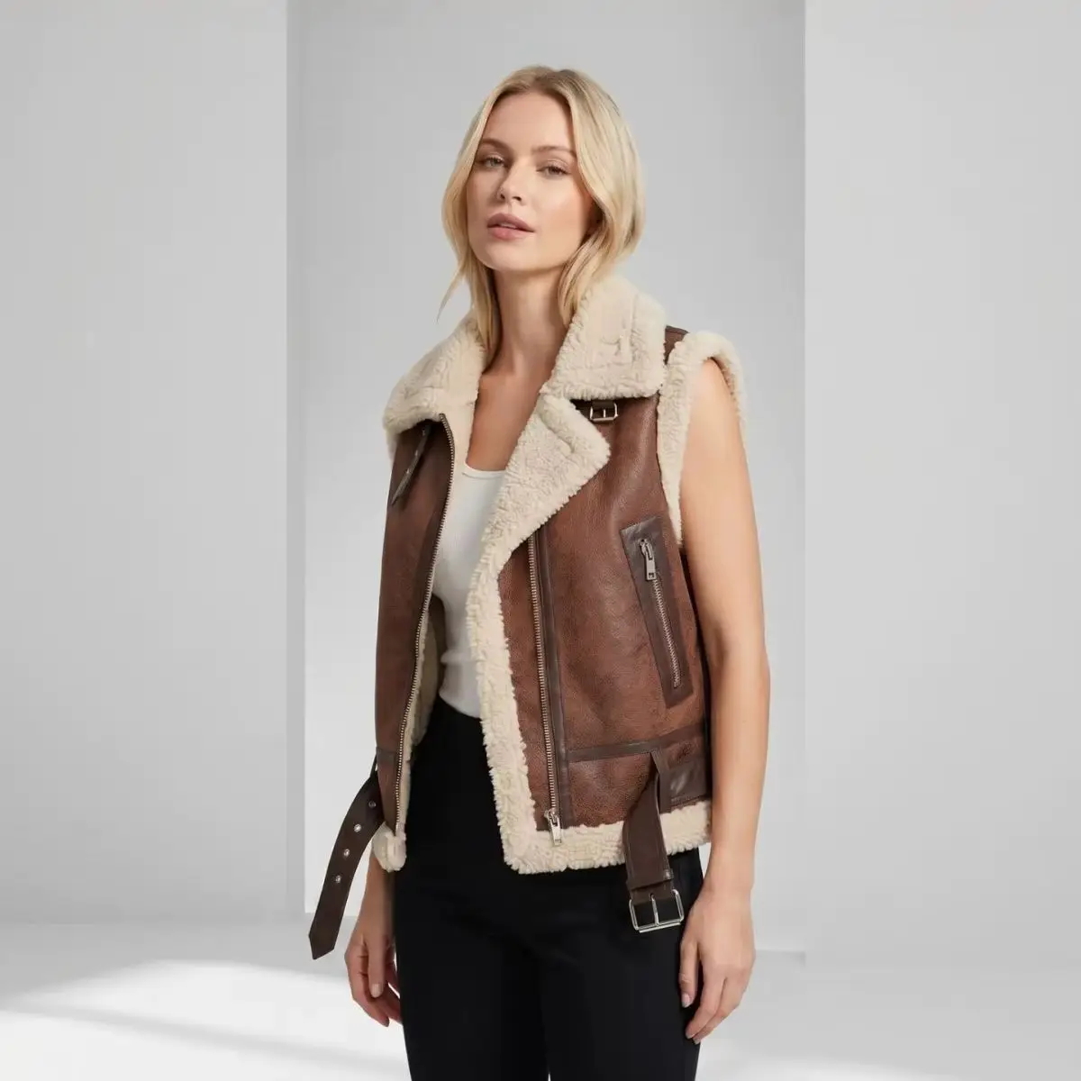 Women's Suede Vest Ladies Lamb Fur Vest Motorcycle Sleeveless Jacket Comfortable Casual Style Flip Collar Zipper Closure Coat
