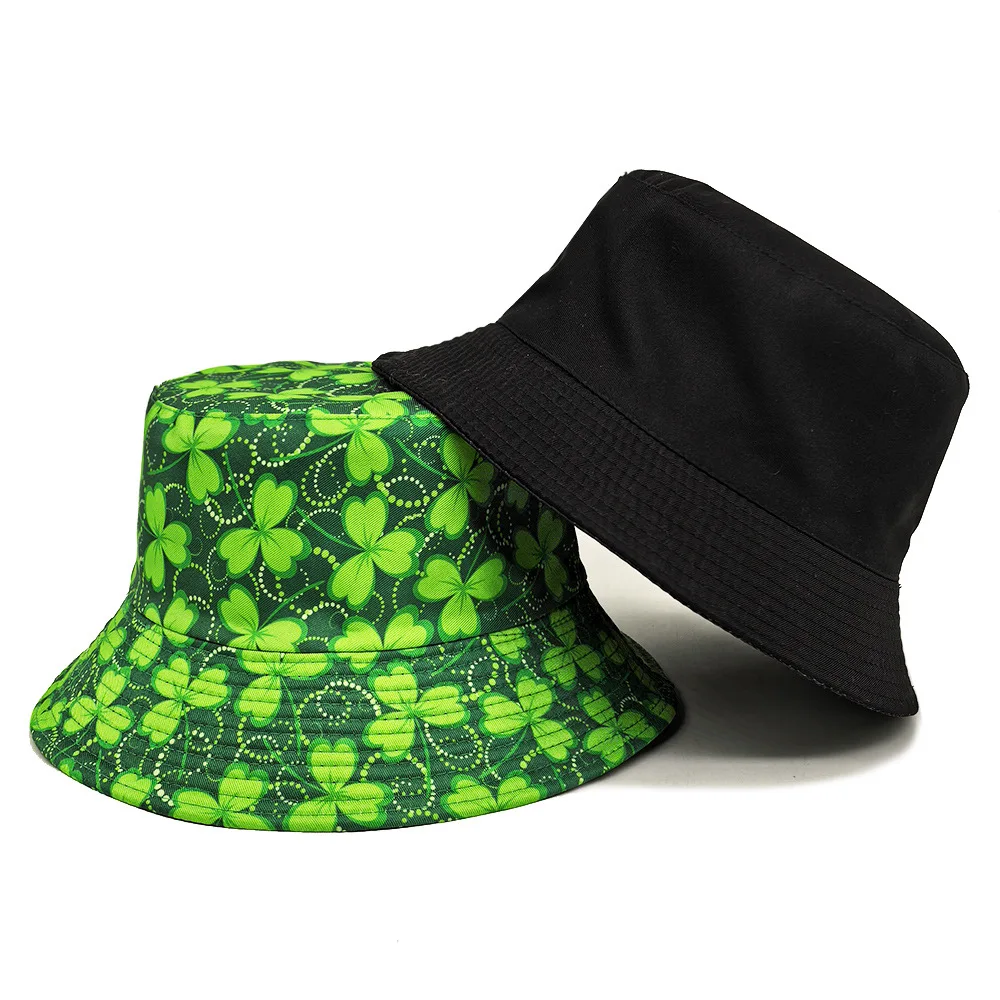 2025 عيد القديس باتريك قبعة بحافة للنساء الرجال الاستوائية طباعة مراجعة الصيف مزدوجة الجانب قبعة الشمس الورقة الخضراء بنما قبعة الشاطئ #3