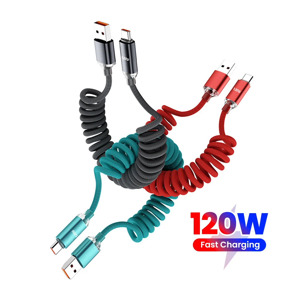 Retractable Coiled USB A/Type-C to C Cable 120W Super Fast Charge Anti-Tangle Car Charging Wire For Android IOS Cellphone
