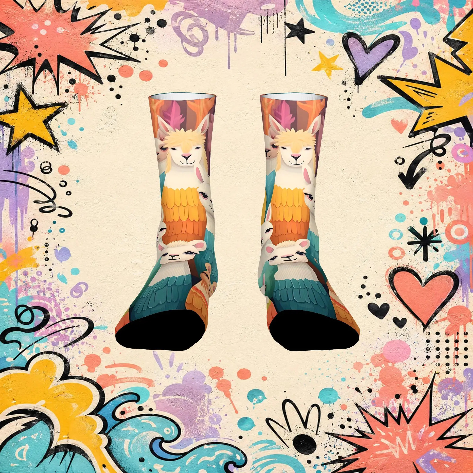 Llama Adventure Art Print Retro  Street Style Novelty Seamless Crew Creative Sock Sports Socks