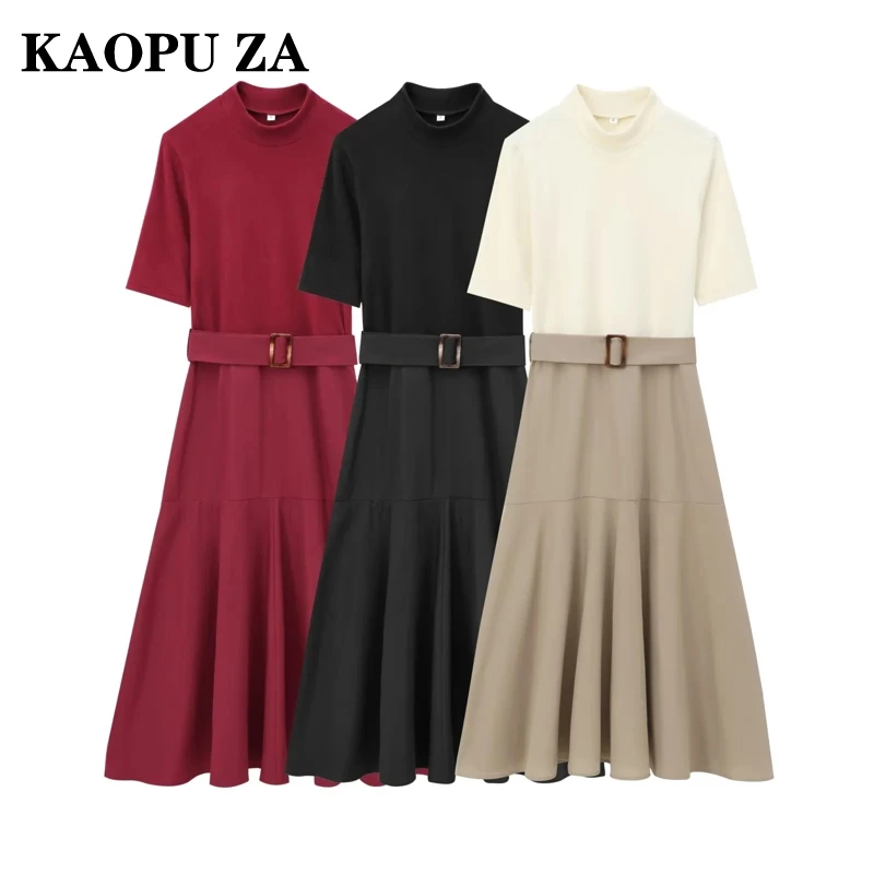 KAOPU ZA 2024 New Lady Commuting Dresses Dress Casual Woman's Short Sleeve Midi Skirt Ruffles Regular Fit belt Turtleneck Collar