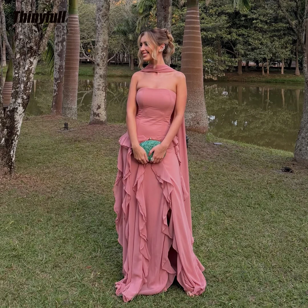 Thinyfull A-line Long Chiffon Prom Dresses Strapless Sleeveless 2026 Evening Dress Party Gown Robe De Soirée Customized