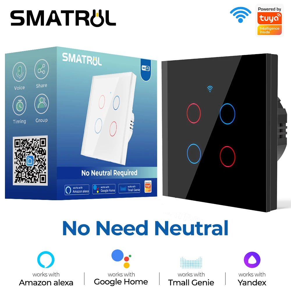 SMATRUL Tuya WiFi Touch Smart Switch Light Without No Neutral Wire EU 2 Way 110V 220V On Off 1/2/3/4 Gang For Alexa Google Home