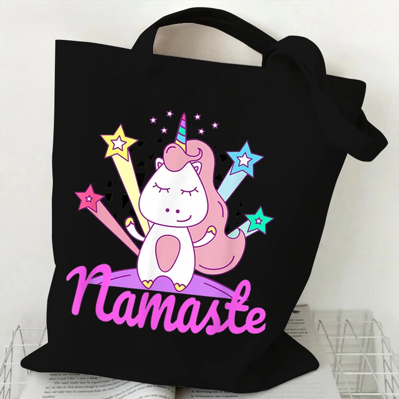 Tas jinjing kanvas wanita, tas belanja pecinta Yoga pola ringan, tas tangan wanita motif Yoga Vintage Unicorn