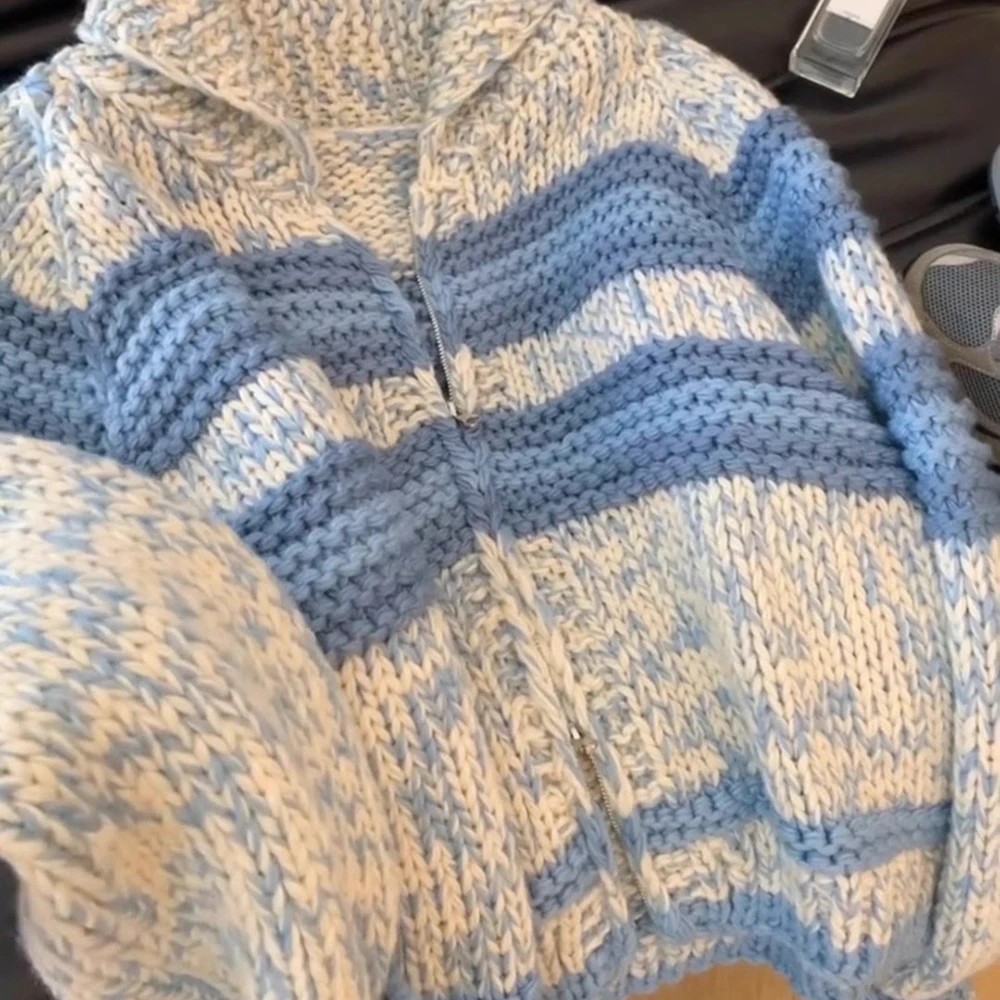 Cardigans de malha listrado azul vintage para mulheres coreano contraste turn down collar camisola casacos retro solto all-match outerwears