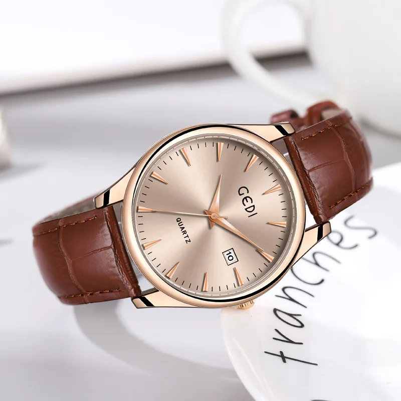 Gedi Couple's Classic Genuine Leather Watch Simple Advanced Calendar Waterproof Quartz Watch New Good-looking Watch