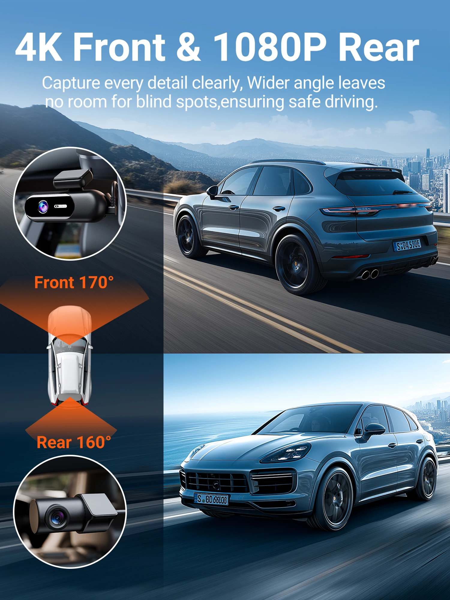 Dash Cam for Cas 4K UHD Recording Front Rear Car Camera HDR Night Vision Recorder Built in Wi-Fi Parking Mode