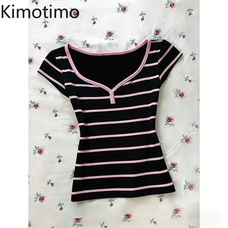 Kimotimo Summer Contrast Color Striped T-shirts Women Sweet Button V Neck Slim Fit Short Sleeve Crop Top Vintage Spicy Girl Tees