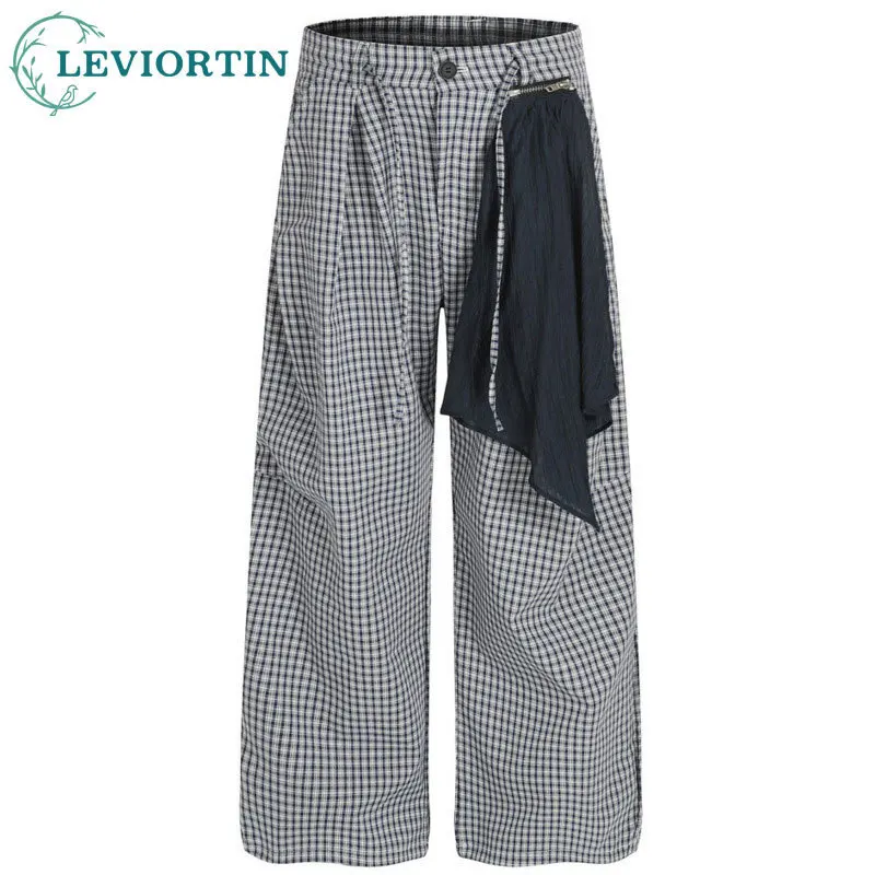 

Men's youth popular hip-hop trend personality, loose zipper design, grid pattern, detachable square scarf, grid long pants style
