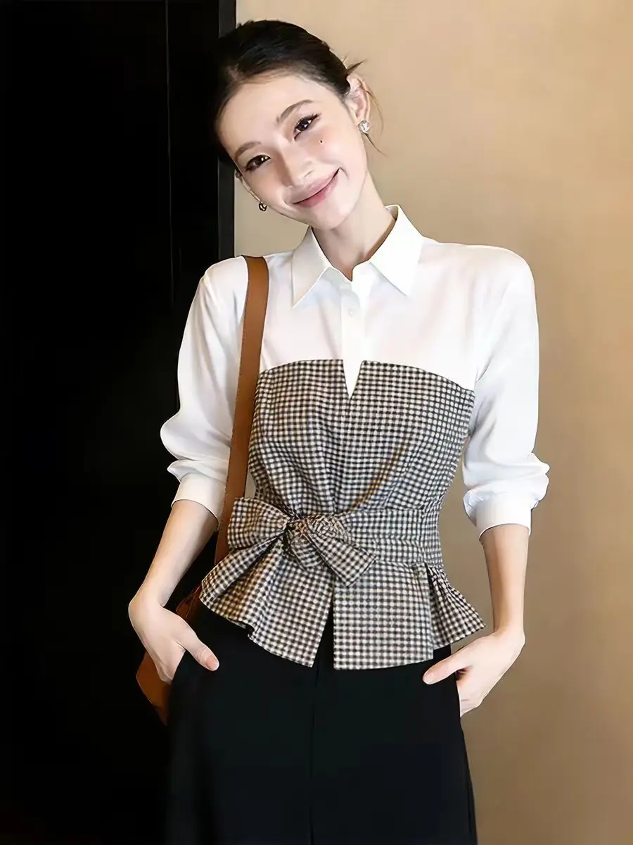 Women's Plaid Shirt Long Sleeve Turn-down Collar Waist-cinching Design Spring Commute Style Loose Fit Casual Top