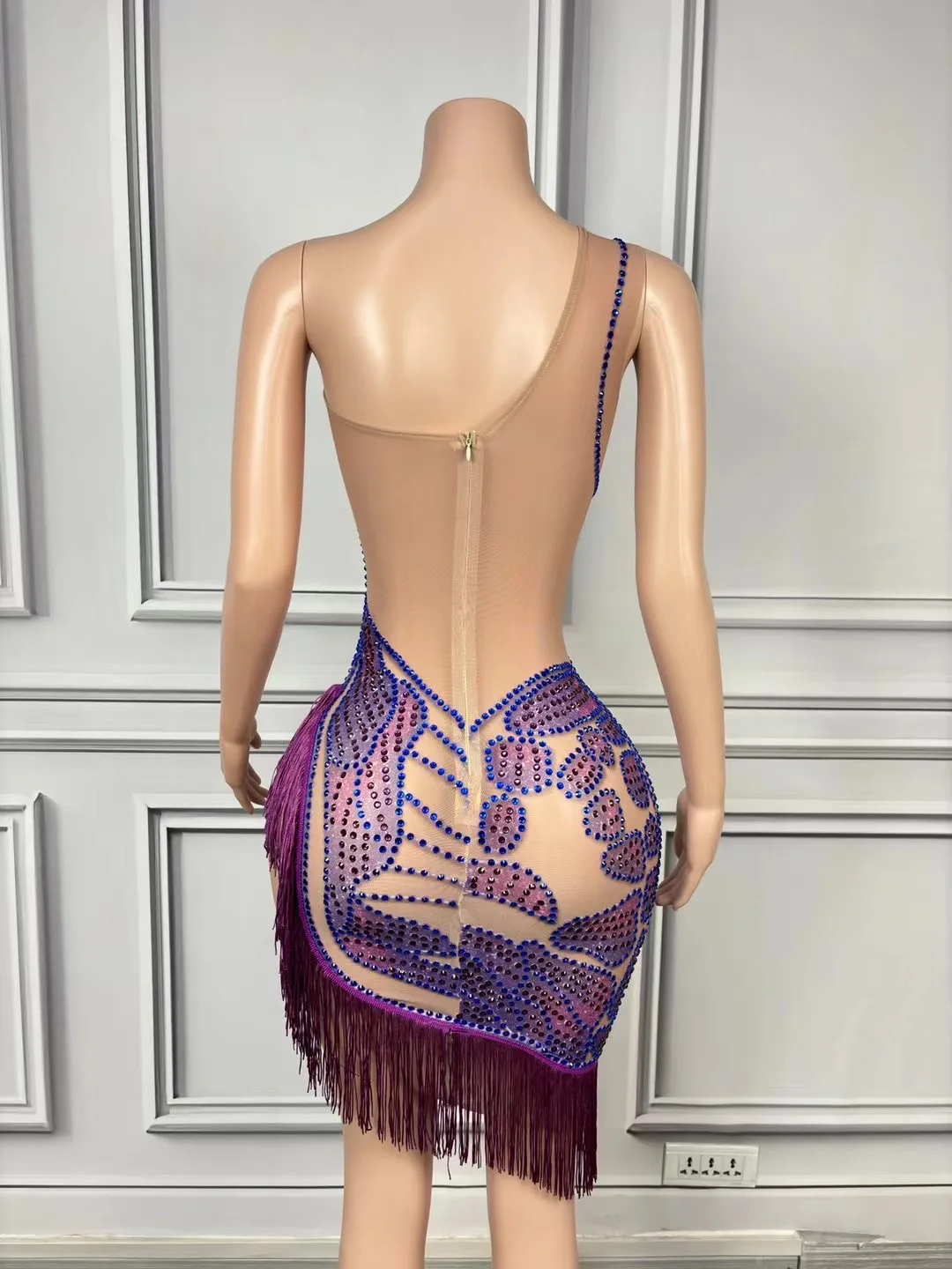 우아한 생일 보라색 이브닝 드레스 고고 축제 파티 축하 복장 라인 석 프린지 드레스 가수 무대 착용 yj210