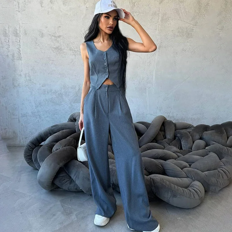 

Striped Women's Set 2024 New Classic Solid Color Versatile Women's Sleeveless Set Commuting Elegant Women's Pants Two Piece Set