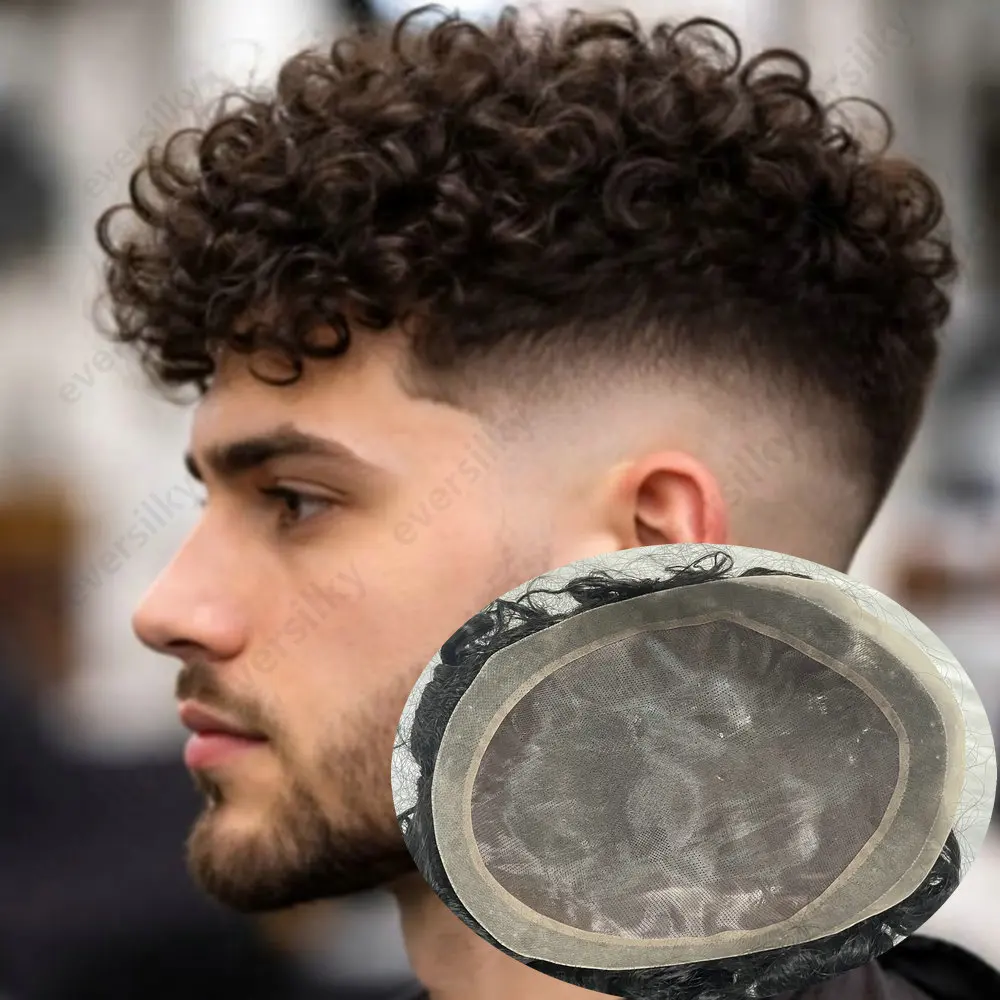 New 15mm/18mm Curly Men's Capillary Prosthesis 100%European Human Hair Wigs 20mm Curly Male Hair System Super Durable Men Toupee
