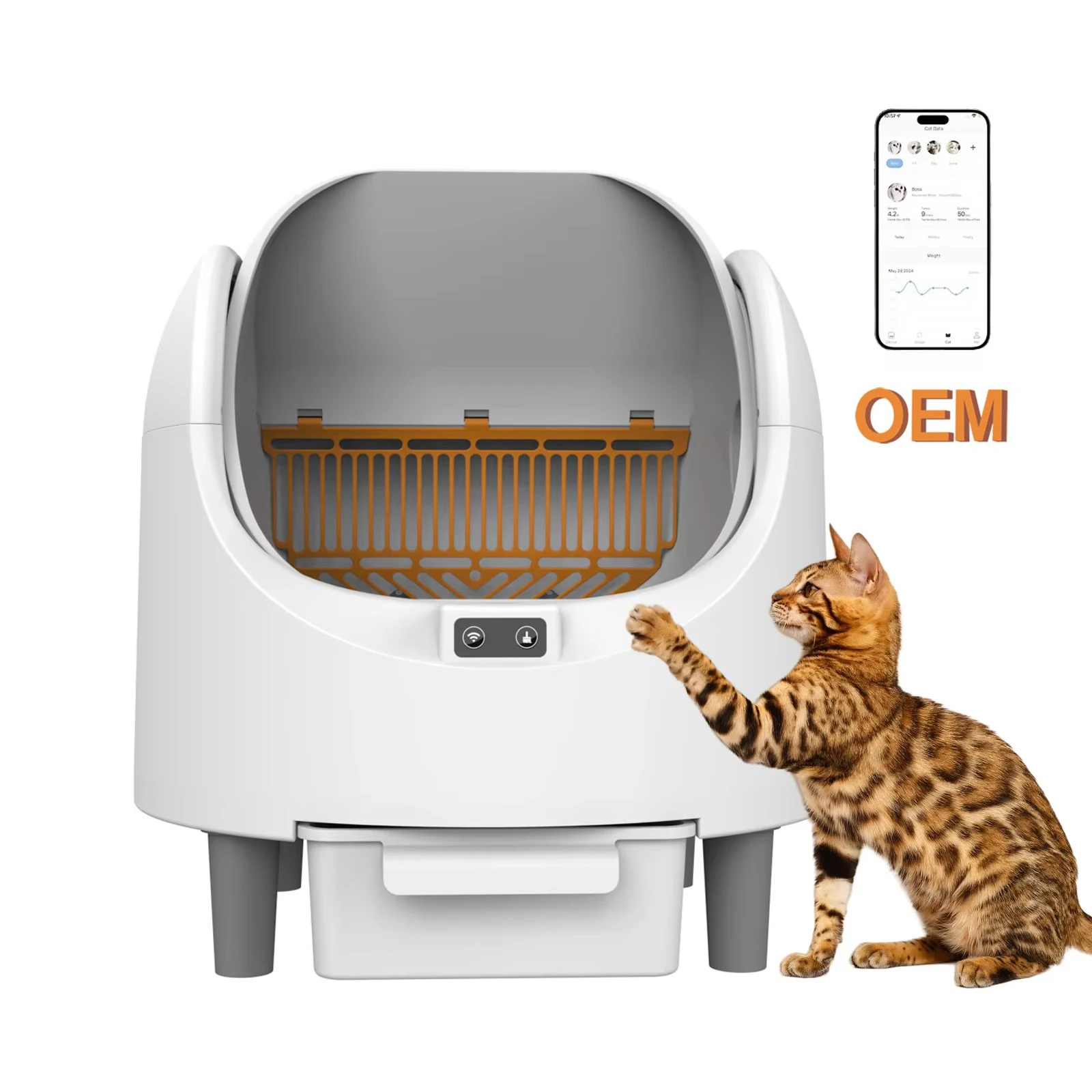 

68L Open-design Automatic Cat Litter Box Self Cleaning Sensor Safety Protection Smart Pet Health Monitor System OEM Cat Toilet