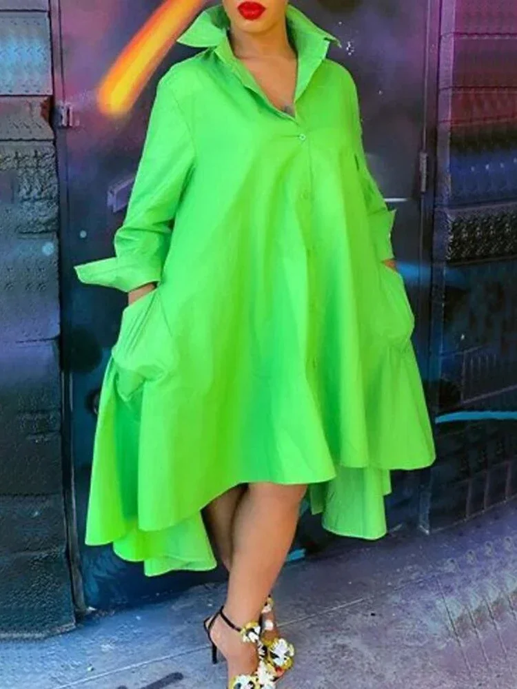 

Plus Size Shirt Dress Women 2023 Spring Summer Long Sleeve Solid Green Loose Single Breasted Irregular Long Dresses Sundress