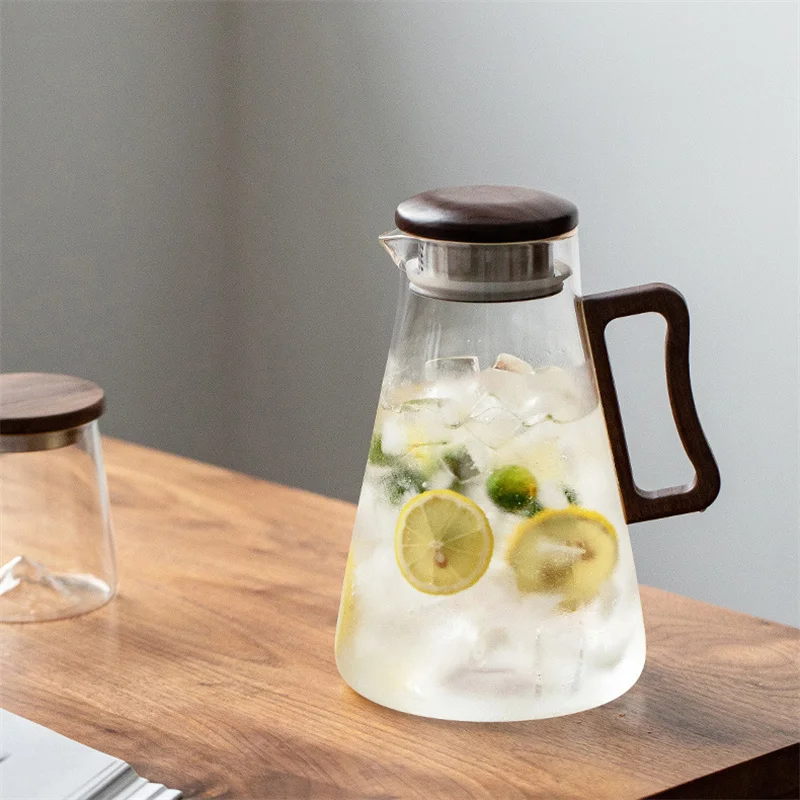Large Capacity Glass Cold Water Jug Heat Resistant Water Pot with Wooden Handle Filter Lid Juice Glass Pitcher Bottle