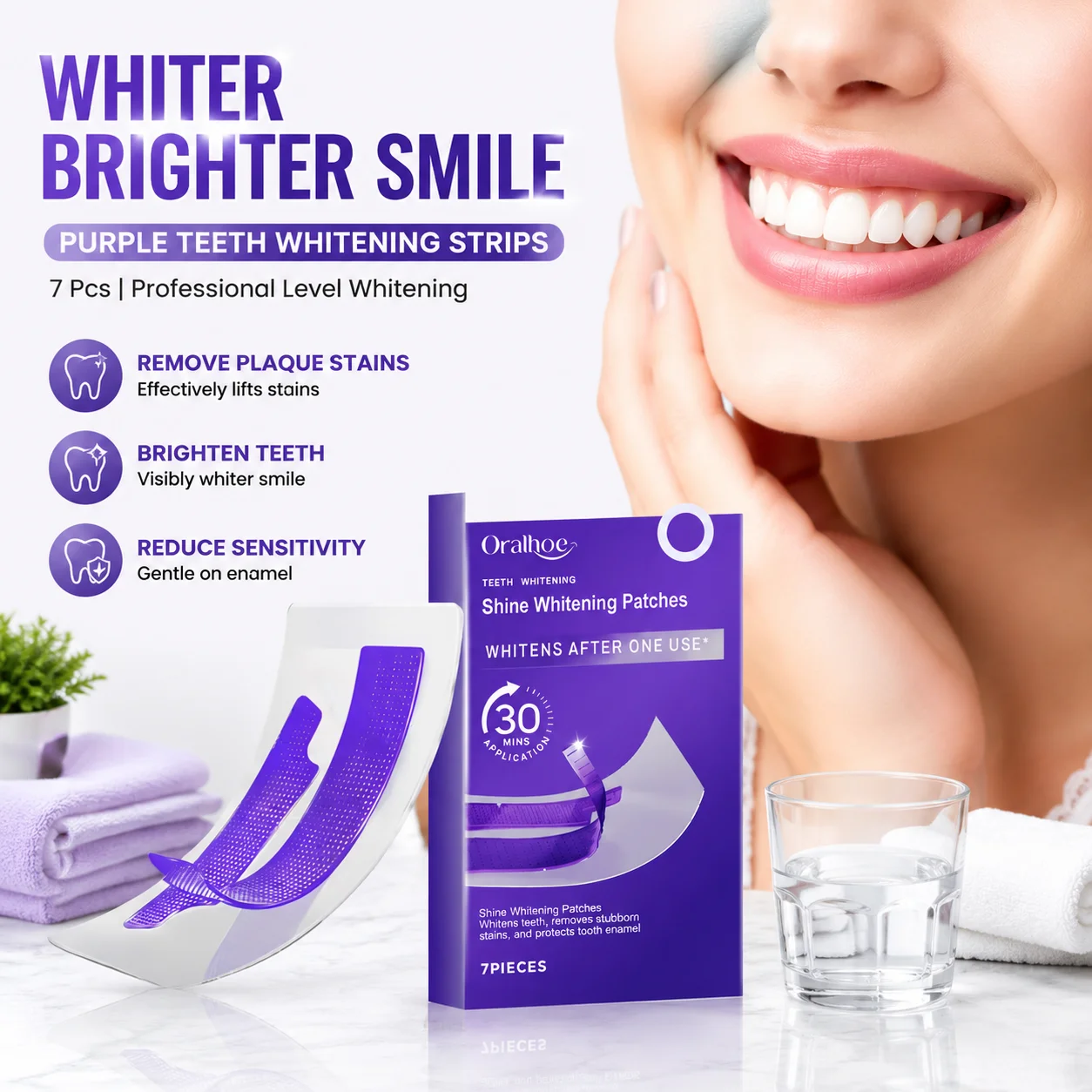 

Purple Teeth Whitening Strips, 7 Pcs, Remove Plaque Stains, Brighten Teeth, Reduce Sensitivity, Oral Hygiene, Bleaching Dental