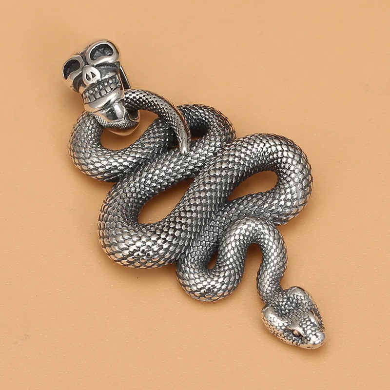 European and americans925 sterling silver python plate snake pendant skull retrofashionstylish trendy men and women pendant