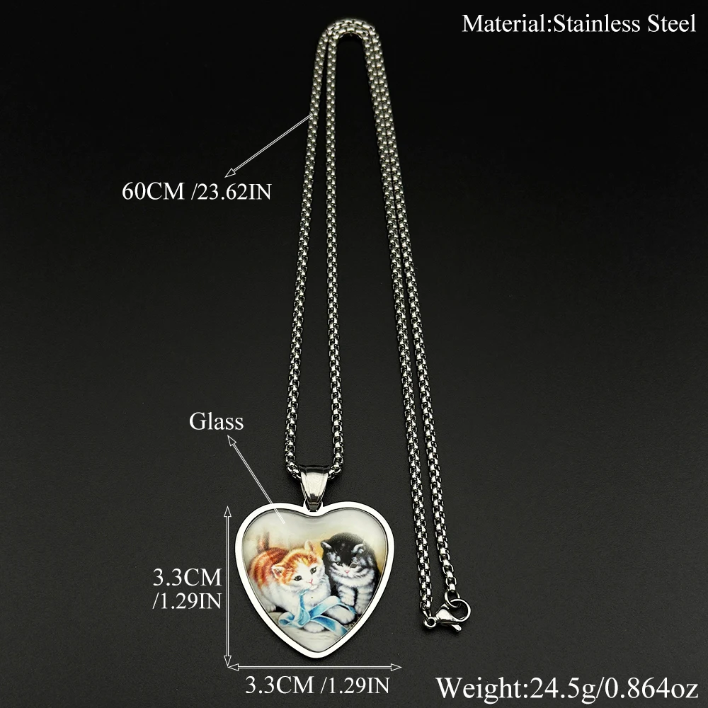 Niedliche Kätzchen-Herz-Anhänger-Halskette aus Edelstahl mit Katzenfoto-Box-Kette, Vintage-Tierschmuck, Geschenk für Frauen und Katzenliebhaber. – Detail 3