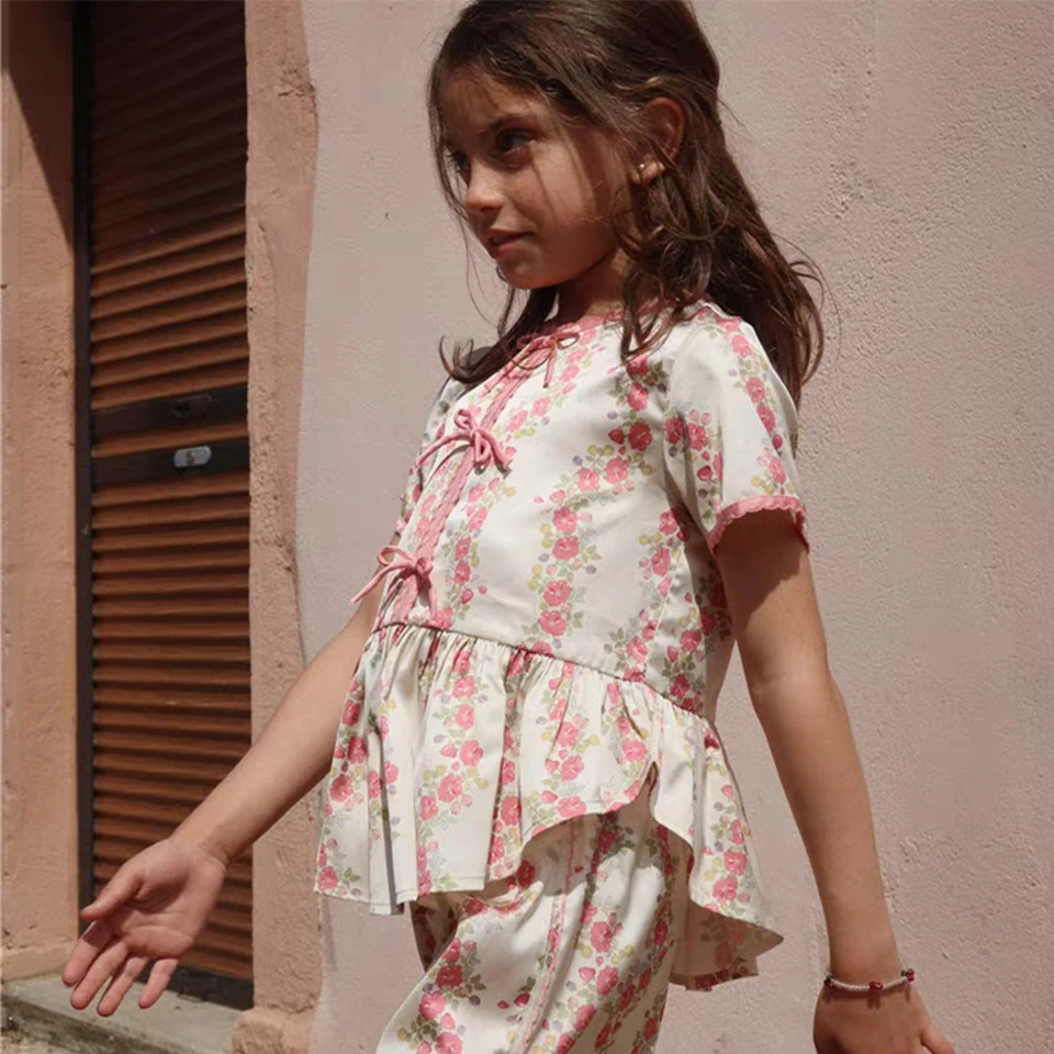 Girls Silky Smooth Short Sleeve Shirt Shorts KS 2025 Summer Girls Pastorale Pretty Dress Baby Kids Cute Floral Tops Clothes Set