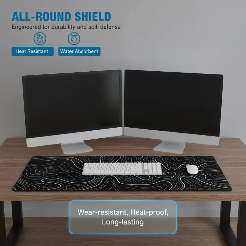 Large Topographic Gaming Mouse Pad Washable Non-Slip Extended Desk Keyboard Mat Black White for Gamer Office