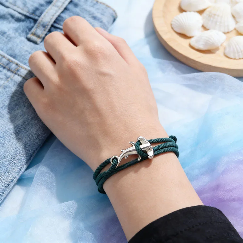 Nautical Black Silvery Shark Bracelet Unisex Multilayer Sliding Adjustable Nylon String Casual Braslet Outdoor Couple Wristband