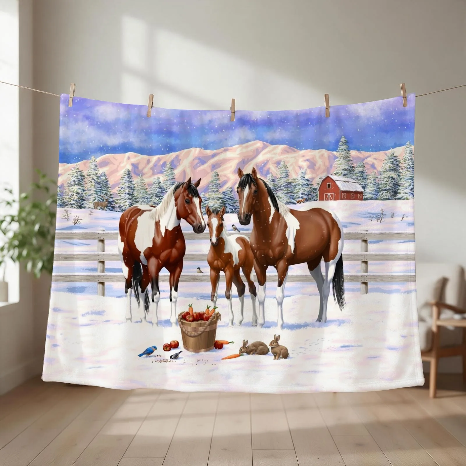 Bay Pinto Paint Quarter Horses In Winter Snow Throw Blanket