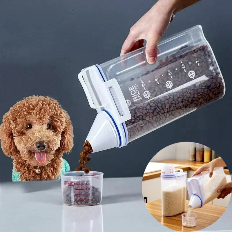 1pc Airtight Pet Food Storage Container, 1.5kg/2kg Plastic Sealed Jar with Measuring Cup for Dog Cat Dry Food Kibble