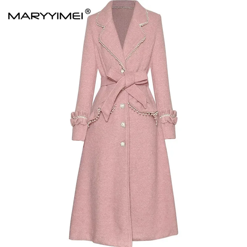 

MARYYIMEI Autumn and winter Women's Coat Long-Sleeved Single Brested Beading design High waist Black/Pink Overcoat