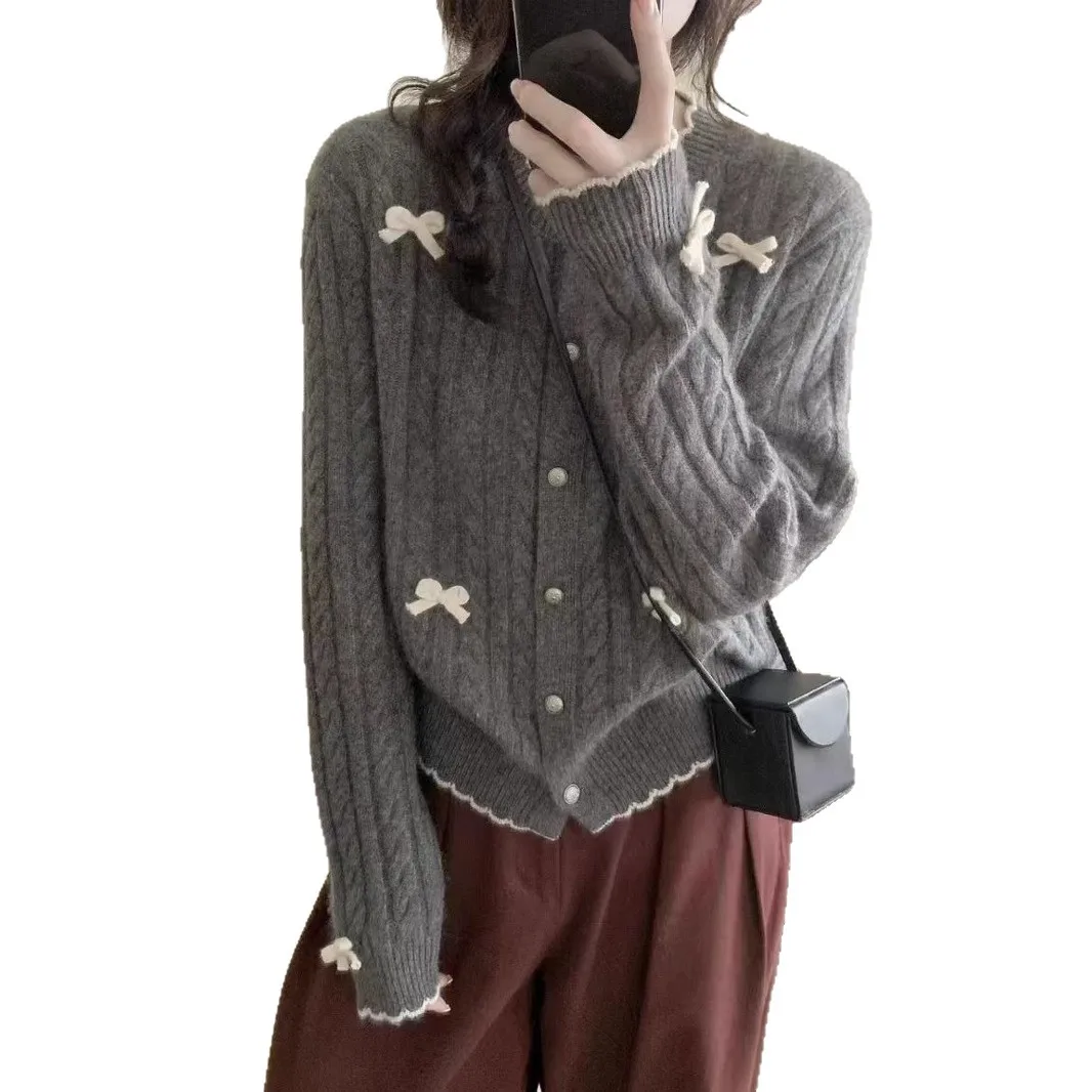 Gentle Fried Dough Twists Round Neck Button Contrast Bow Design Knitwear Versatile Thin Sweater Cardigan