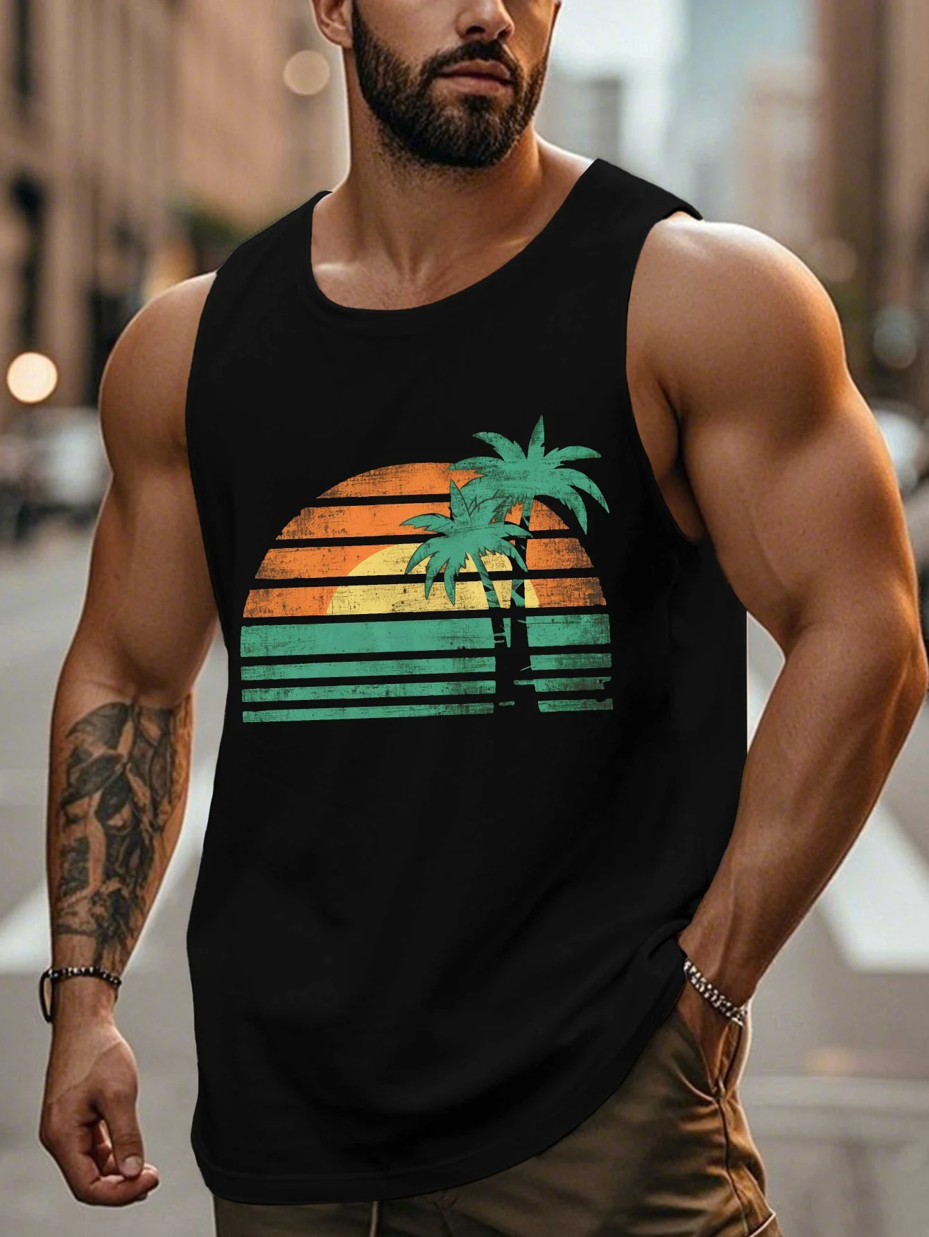 

Men's vest, with a retro sunset design and palm tree silhouette, specially designed for tall individuals
