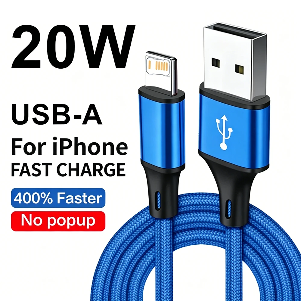 20W Braided USB Fast Charge Cable For iPhone 11 12 13 mini 14 Pro Max X XR XS Max 7 8 Plus Rapid Charging USB-A Data Sync Cable