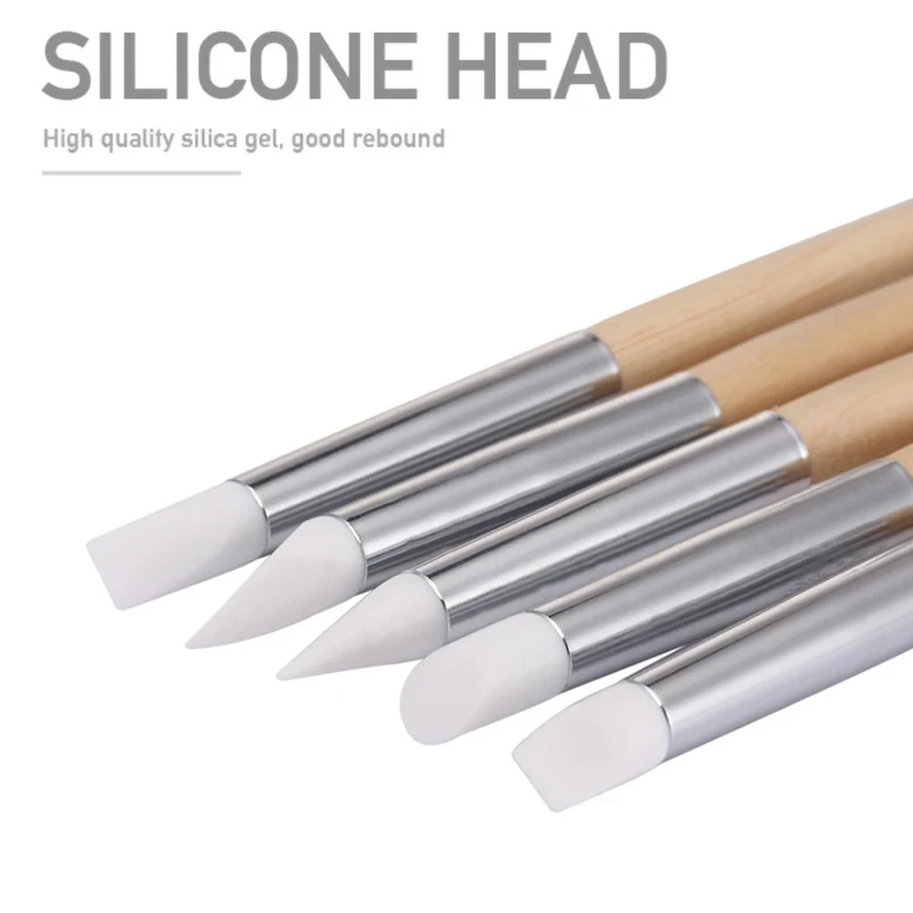 5Pcs Silicone Nail Art Sculpture Carving Pen Brush Set Flexible Tips Wooden Rod Embossing Clay Craft DIY Jewelry Making Tools