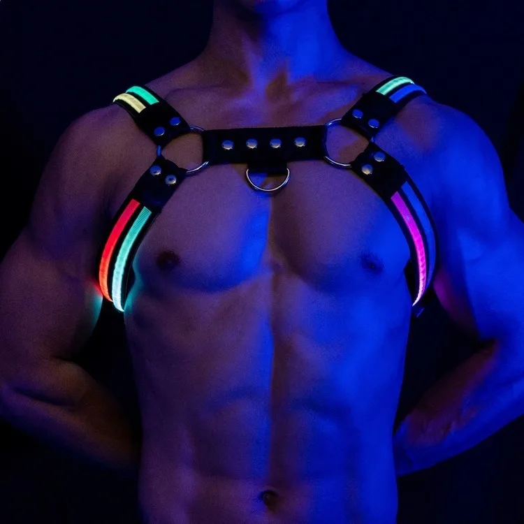 2025 NEW zjm New Arrival USB Rechargeable LED Vest Wholesale Macho Man Black Adjustable Body Chest Bondage Body Light Flashing