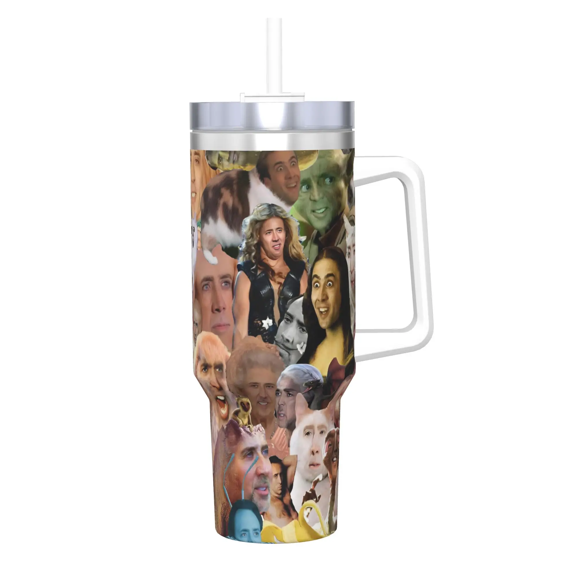 Nicolas Cage Tumbler With Straw  Stainless Steel Travel Mugs Double Wall Vacuum Insulated for Cold Or Hot 40oz