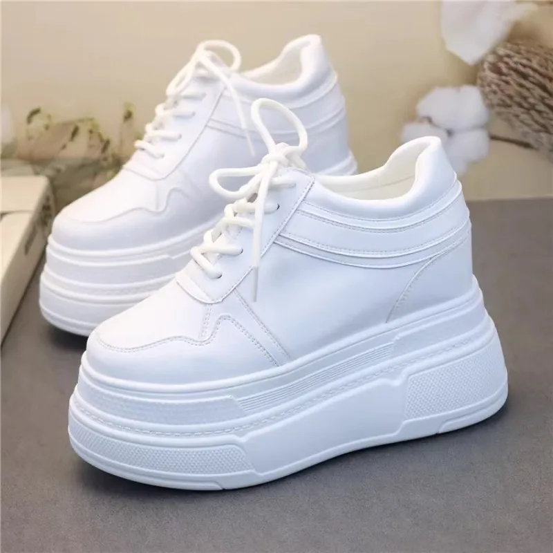 

Platform Shoes spring Autumn Lace-up Super High Heels 12cm Casual Sports Shoes Increase Slimming Large Size Small White Shoes