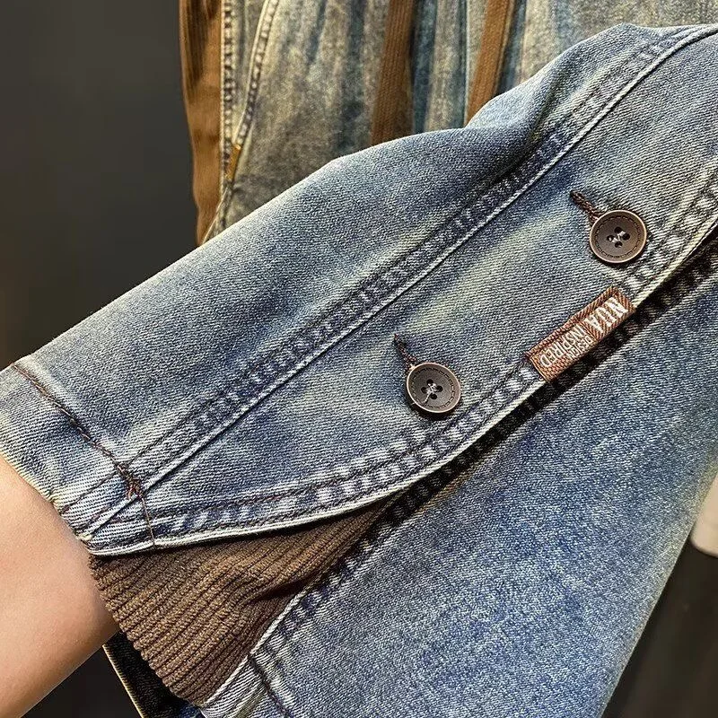 شورت جينز أمريكي ثقيل الوزن للرجال، شورت جينز صيفي فضفاض بخصر مطاطي #4