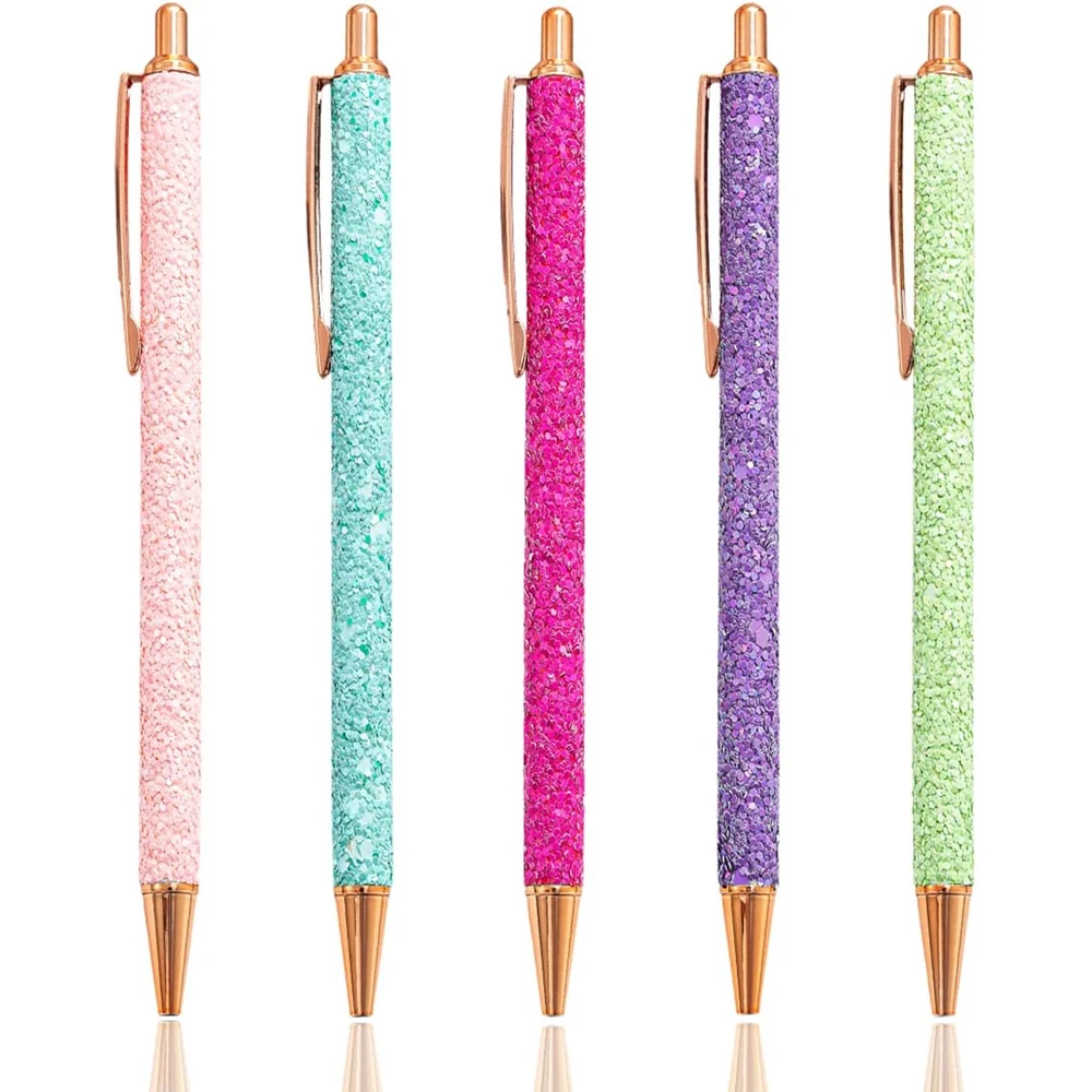 5PCS Glitter Retractable Ballpoint Pens Pretty Fancy Cute Pens for Journaling Writing Black Ink 1.0 Mm Luxury Office Stationery