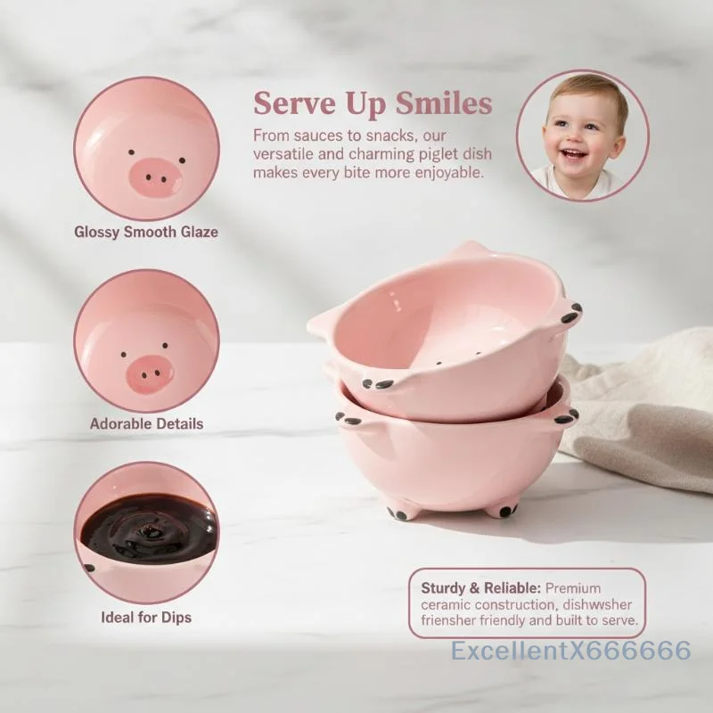 Cute Pig Pattern Ceramic Sauce Dish Stain Resistant Mini Dipping Bowl 2Pcs Set for Hot Pot Condiment Sushi Home Daily Use