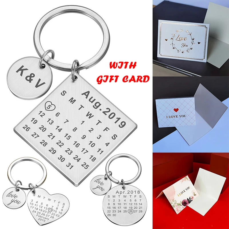 

Personalized Custom Key Chain Engraved Calendar Date Stainless Steel Wedding Anniversary Gift with Card for Boyfriend Husband