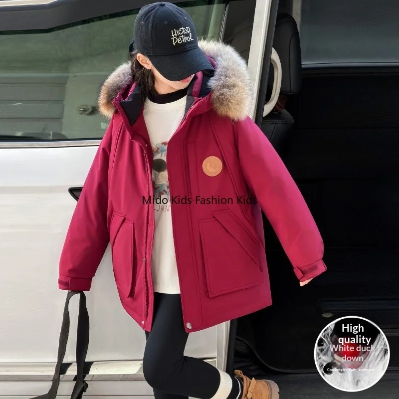 

Модная куртка на белом утином пуху для девочек с капюшоном из натурального меха, зимняя теплая парка, пальто для детей 130-170 см