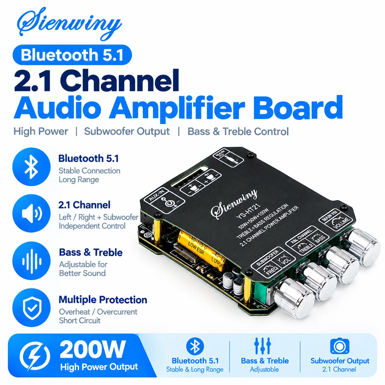SIENWINY-908 YS-TB21 2.1CH Bluetooth 5.1 Power Amplifier Board 200W HiFi Stereo Amp AUX Subwoofer Bass Treble Control